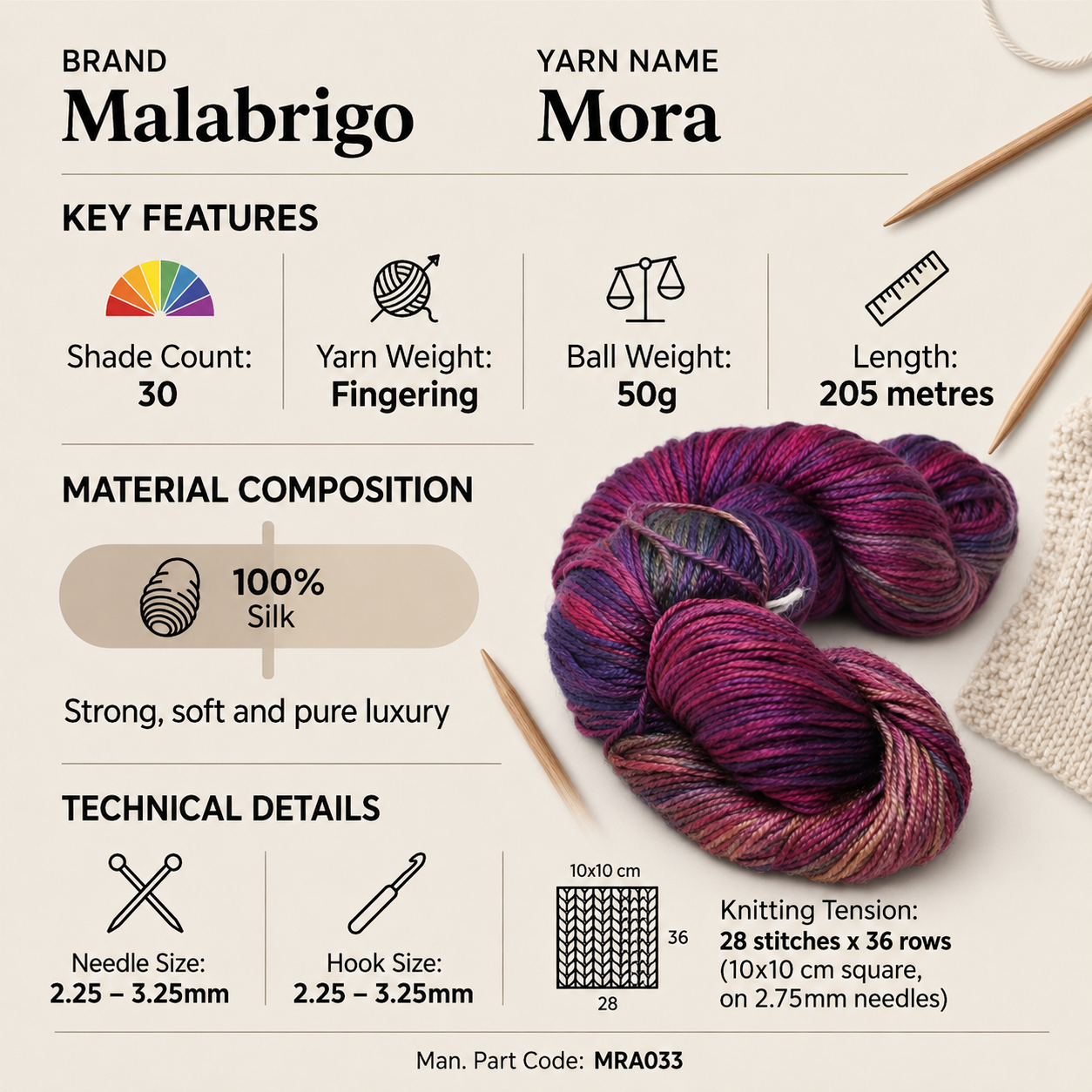 Malabrigo Mora Fingering Crochet Yarn - 50g, 100% Mulberry Silk 4 Ply Hand Dyed Luxury Knitting Yarn for Shawls, Scarves, Fine Garments