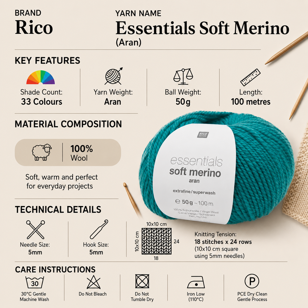 Rico Essentials Soft Merino Aran Yarn - 50G, Luxury 100% Merino Wool Soft Aran Weight Crochet & Knitting Wool Yarn for Sweaters, Cardigans & Headwear