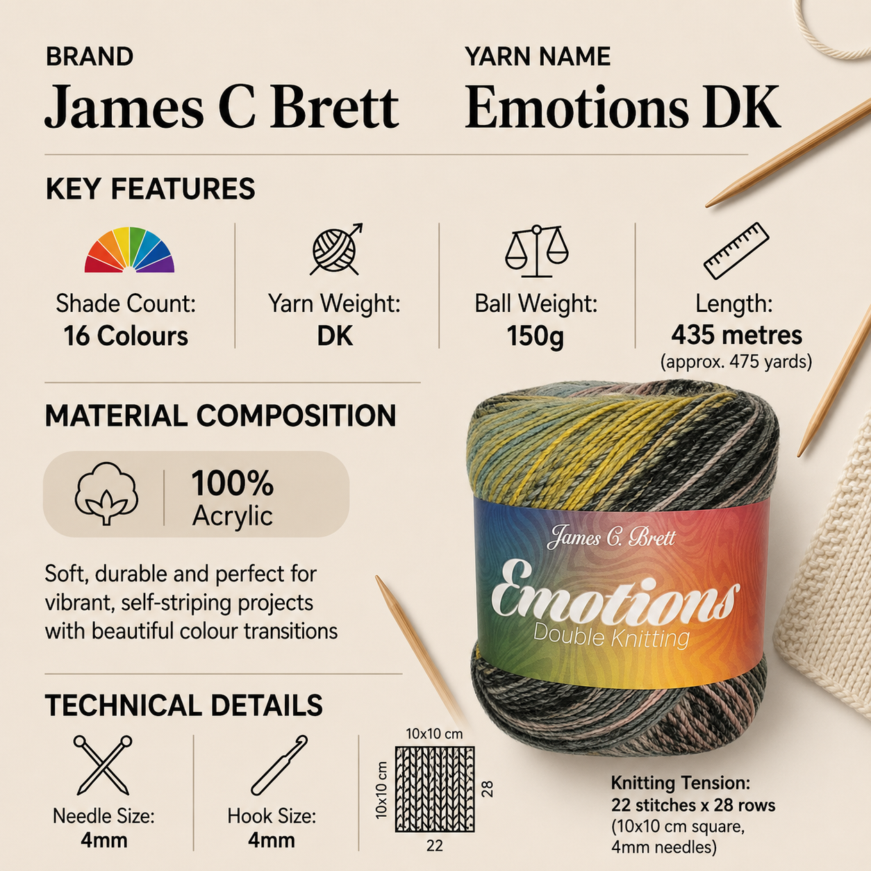 James C Brett Emotions DK Cake Yarn - 150g, 100% Acrylic Self-Striping Double Knitting Crochet Yarn for Jumpers, Sweaters, Cardigans & Blankets