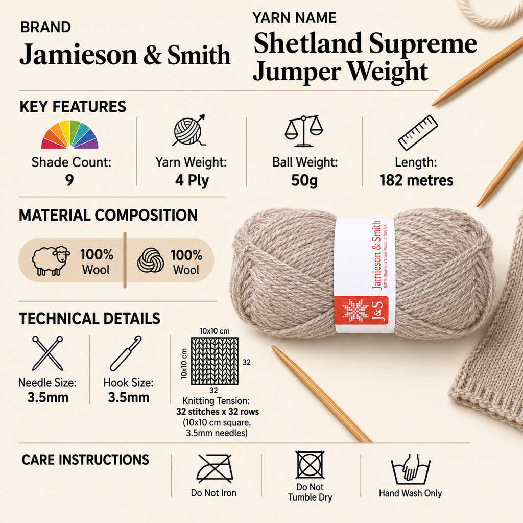 Jamieson & Smith Shetland Supreme Jumper Weight Yarn - 50g, 100% Wool Yarn 4 Ply Knitting Crochet Yarn for Lightweight Winter Jumpers & Garments