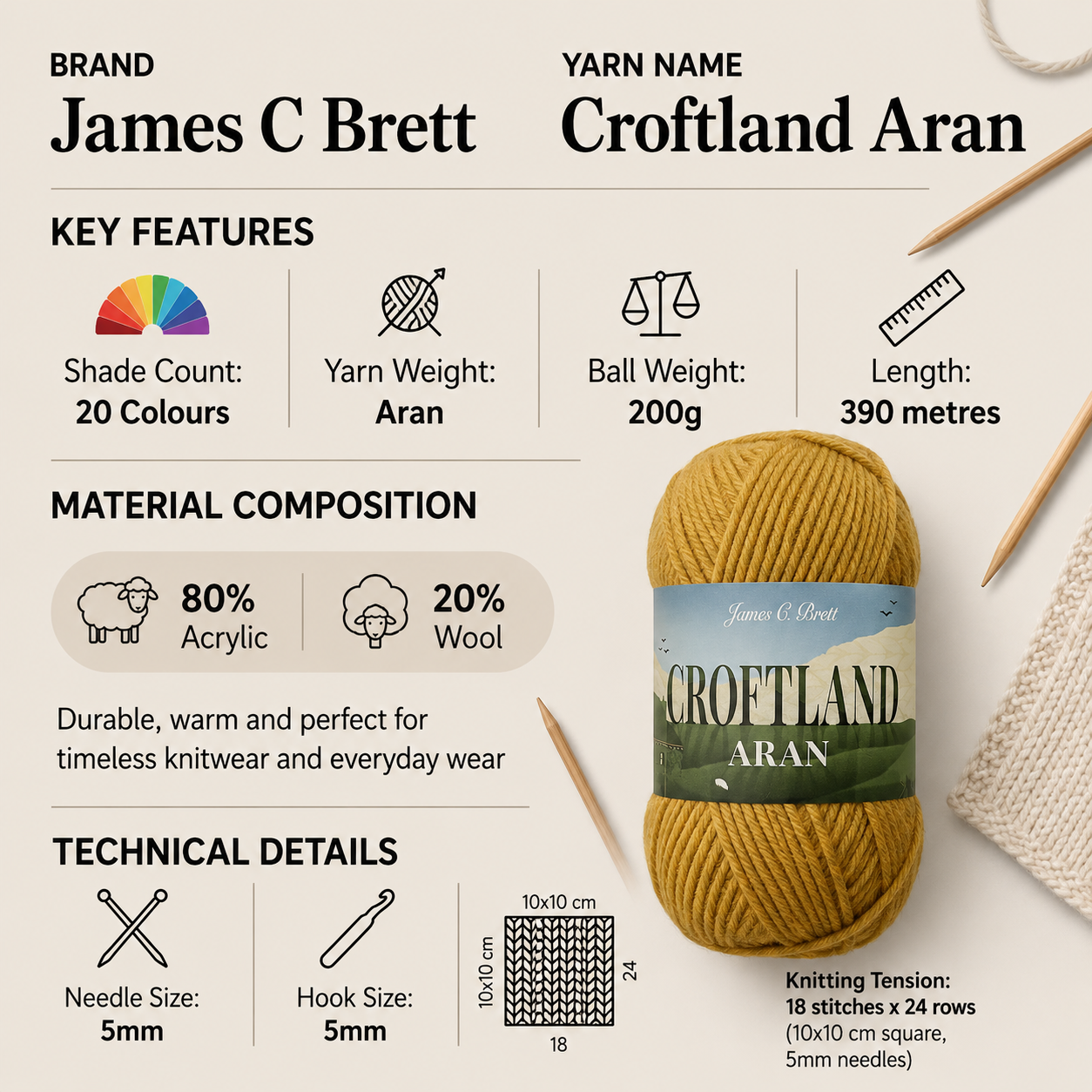 James C Brett Croftland Aran Yarn - 200g, Acrylic & Wool Blend Knitting & Crochet Yarn for Jumpers, Cardigan, Sweaters & Winter Projects