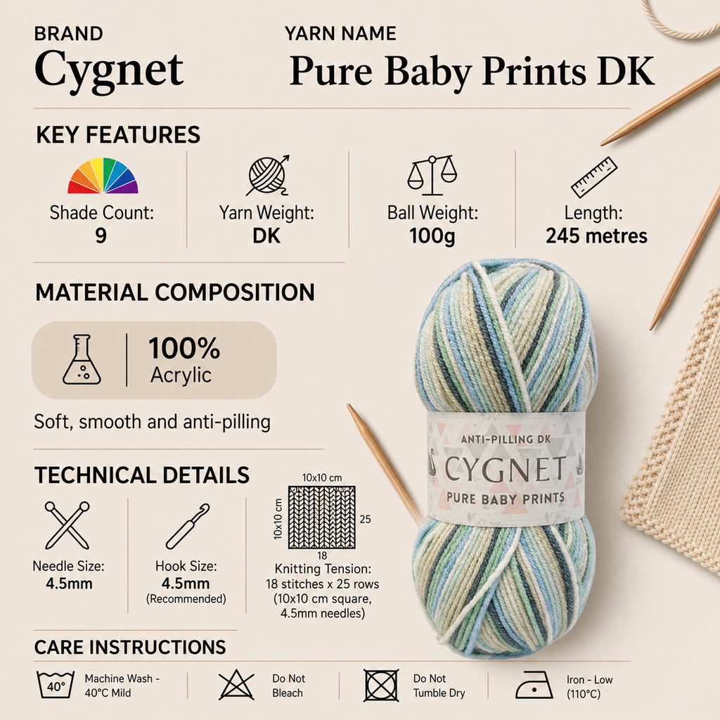 Cygnet Pure Baby Prints DK Yarn - 100g, Soft Anti-Pilling 100% Acrylic Self-Striping Double Knitting Baby Yarn for Garments, Toys & Accessories