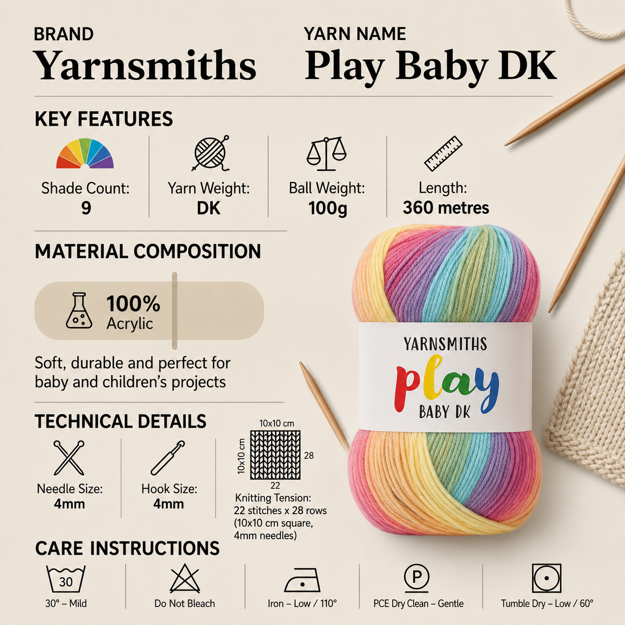 Yarnsmiths Play Baby DK Crochet Yarn - 100g, Luxury 100% Acrylic Variegated Self-Striping Colorful Soft Knitting Wool for Baby Blanket, Garments & Toys