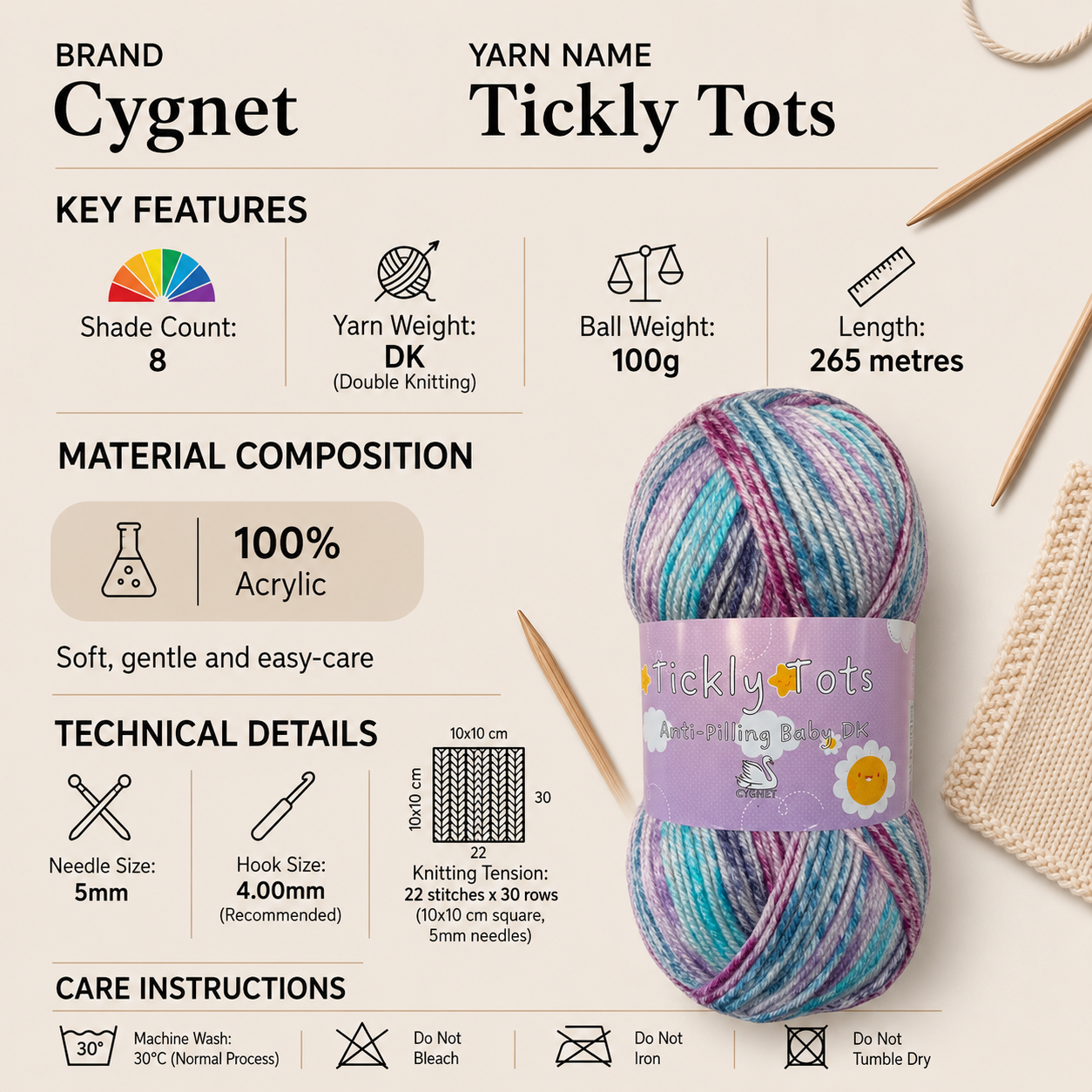Cygnet Tickly Tots DK Baby Yarn - 100g, 100% Acrylic Self-Striping Marled Double Knitting Crochet Yarn Children's Garments and Accessories
