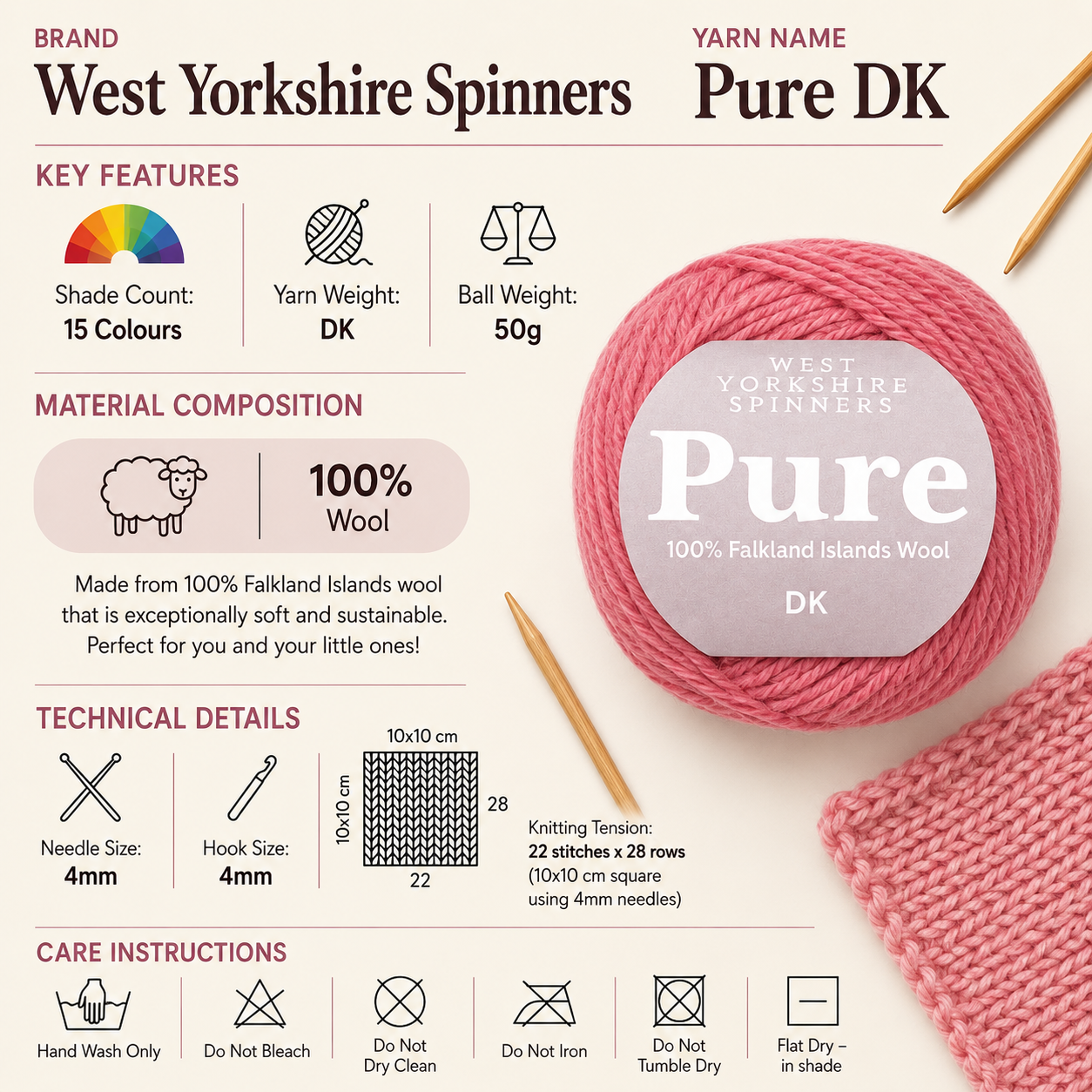 West Yorkshire Spinners Pure DK Yarn - 50g, Luxury 100% Natural Wool Soft Double Knitting & Crochet Yarn for Cozy Blankets, Cardigans & Dresses