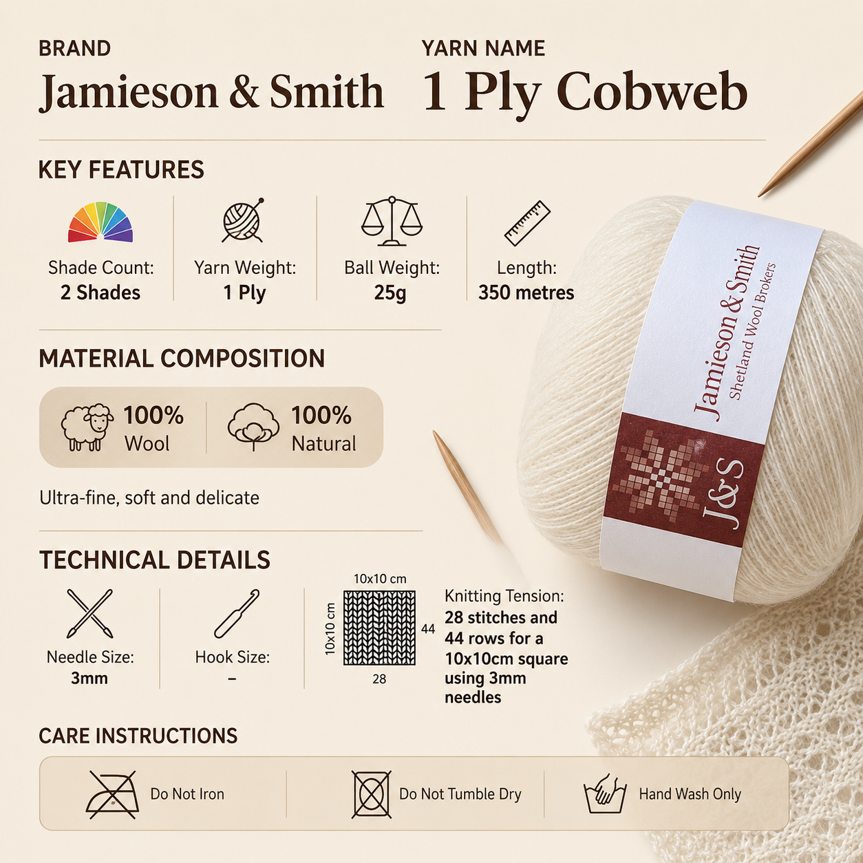 Jamieson & Smith 1 Ply Cobweb Crochet Yarn - 25g, Ultra-Fine 100% Wool Lambswool & Shetland Lace Weight Knitting Wool Yarn for Shawls, Scarves, Stoles & Christening Robes