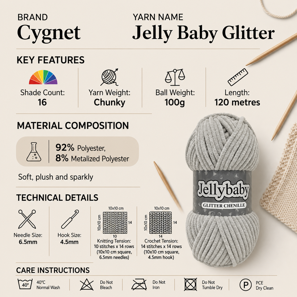 Cygnet Jelly Baby Glitter Chunky Yarn - 100g, Polyester Metallic Blend Crochet Knitting Yarn for Baby Blankets, Toys & Accessories