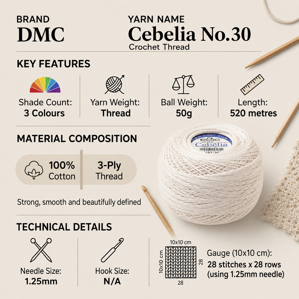 DMC Cebelia No.30 Crochet Thread Yarn - 50g, Double Mercerised Three-cord 100% Cotton Fade Resistant Knitting Yarn for Decorative Lacework, Doilies & Crafting