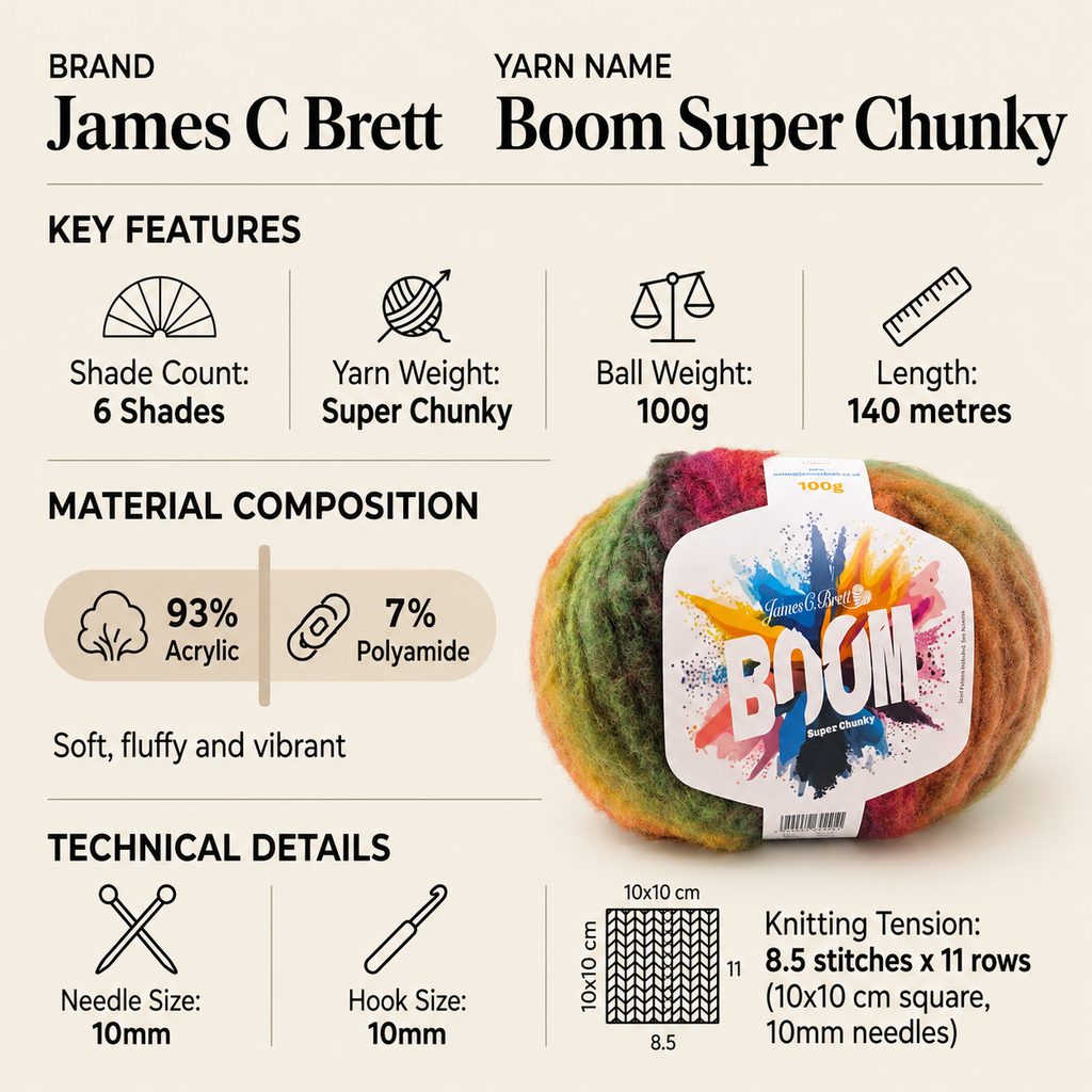 James C Brett Boom Super Chunky Yarn - 100g, Soft Acrylic & Polyamide Blend Fluffy Crochet Scarf Knitting Yarn for Winter Accessories or Warm Gifts