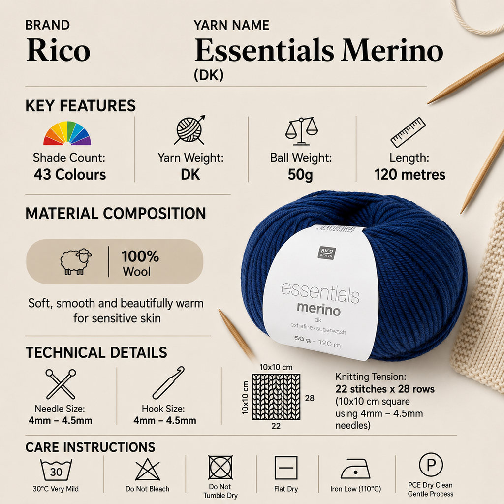 Rico Essentials Merino DK Yarn - 50G, 100% Merino Wool Solid Colour Soft Double Knitting & Crochet Yarn for Cardigans, Jumpers & Sweaters