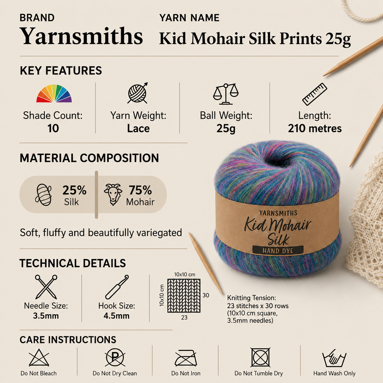 Yarnsmiths Kid Mohair Silk Prints Lace Yarn - 25g, Luxury Mohair Silk Blend Soft Fluffy Hand-Dyed Variegated Knitting & Crochet Yarn for Lace Shawls & Scarves