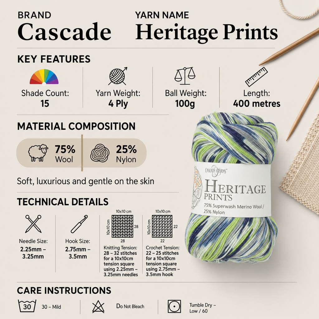 Cascade Heritage Prints 4 Ply Yarn - 100g, Luxury Wool & Nylon Blend Self-Patterning Variegated Crochet & Knitting Wool for Socks, Shawls & Accessories