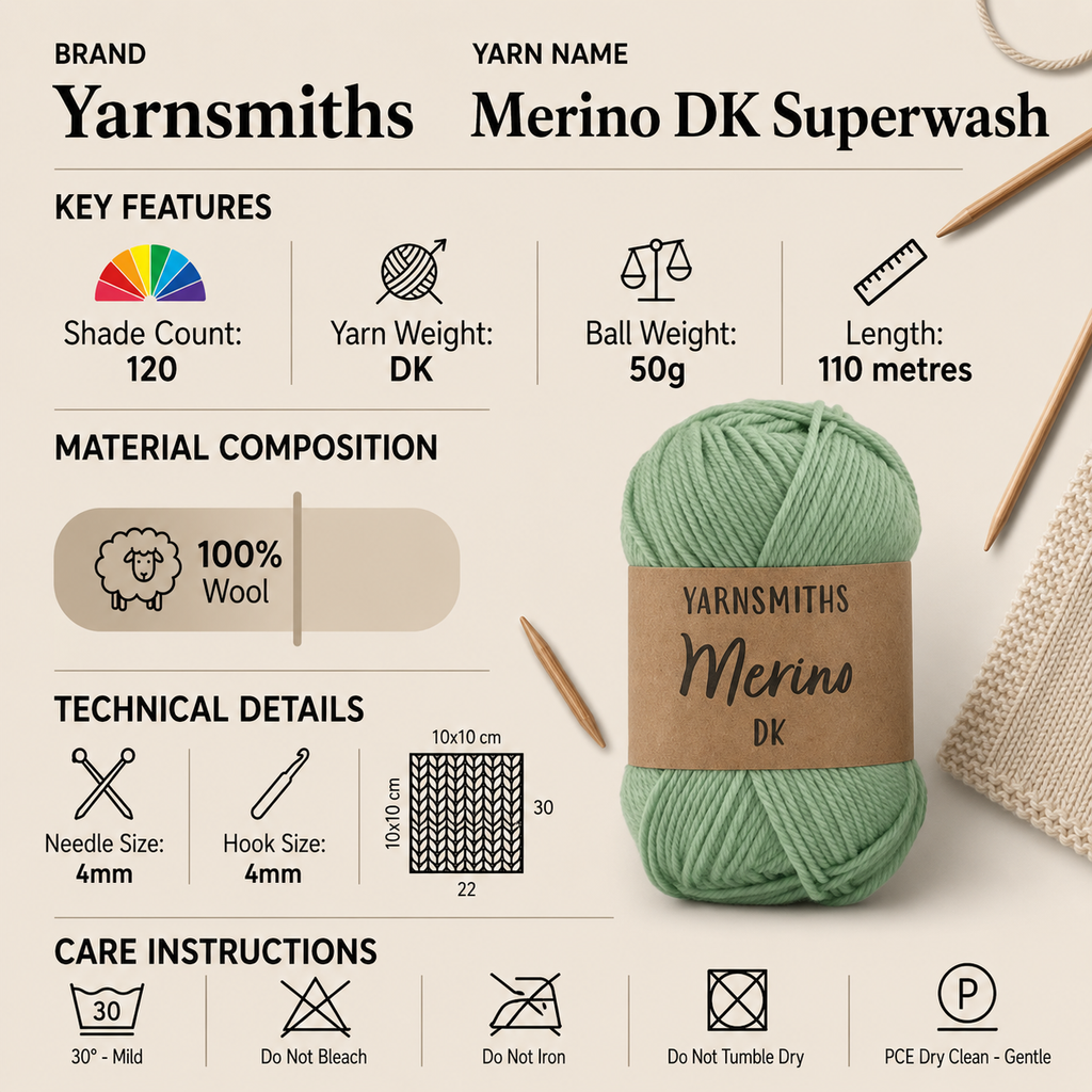 Yarnsmiths Merino DK Superwash Yarn - 50g, Luxury 100% Wool Soft Lightweight Squishy Double Knitting Crochet Yarn for Sweaters, Cardigans & Baby Garments