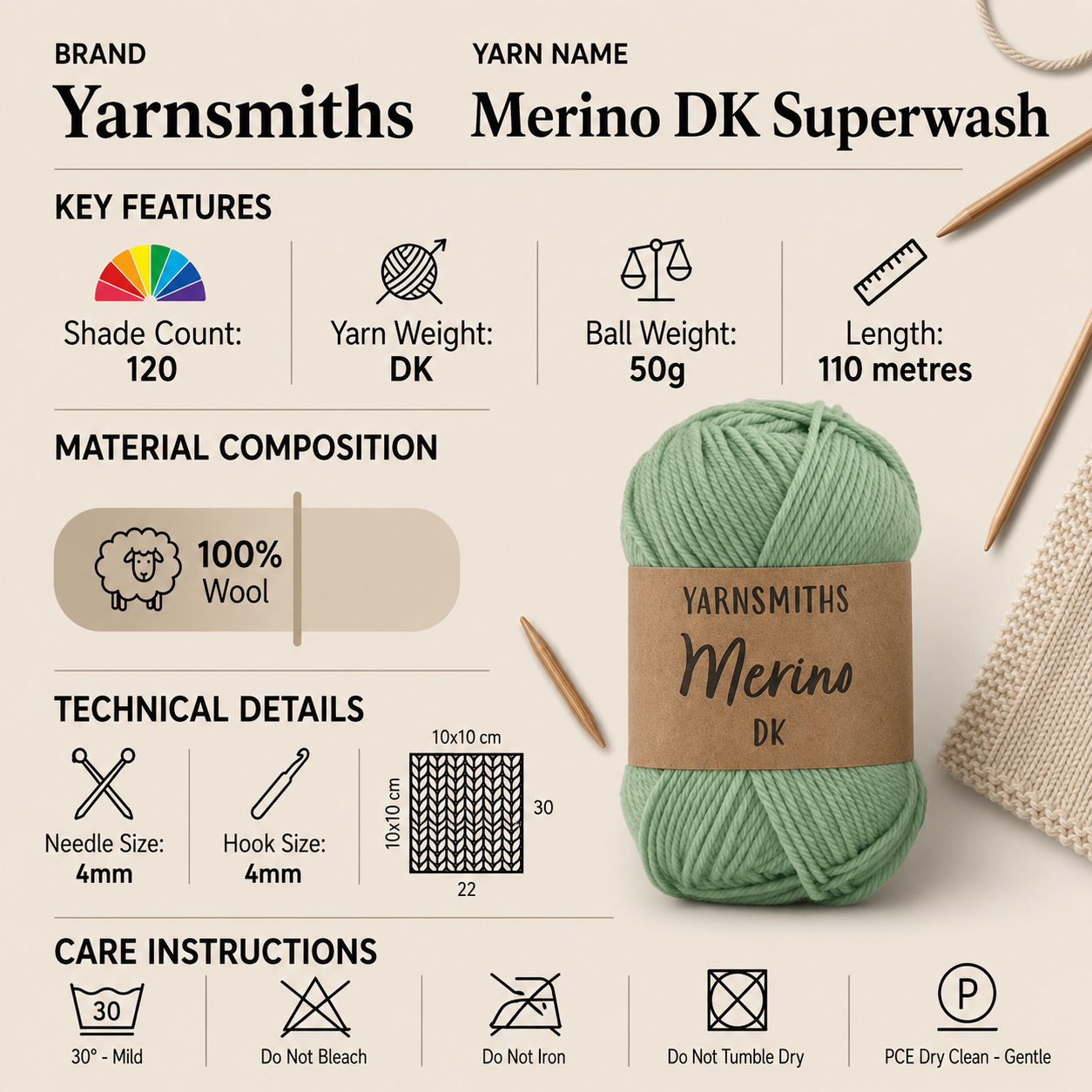 Yarnsmiths Merino DK Superwash Yarn - 50g, Luxury 100% Wool Soft Lightweight Squishy Double Knitting Crochet Yarn for Sweaters, Cardigans & Baby Garments
