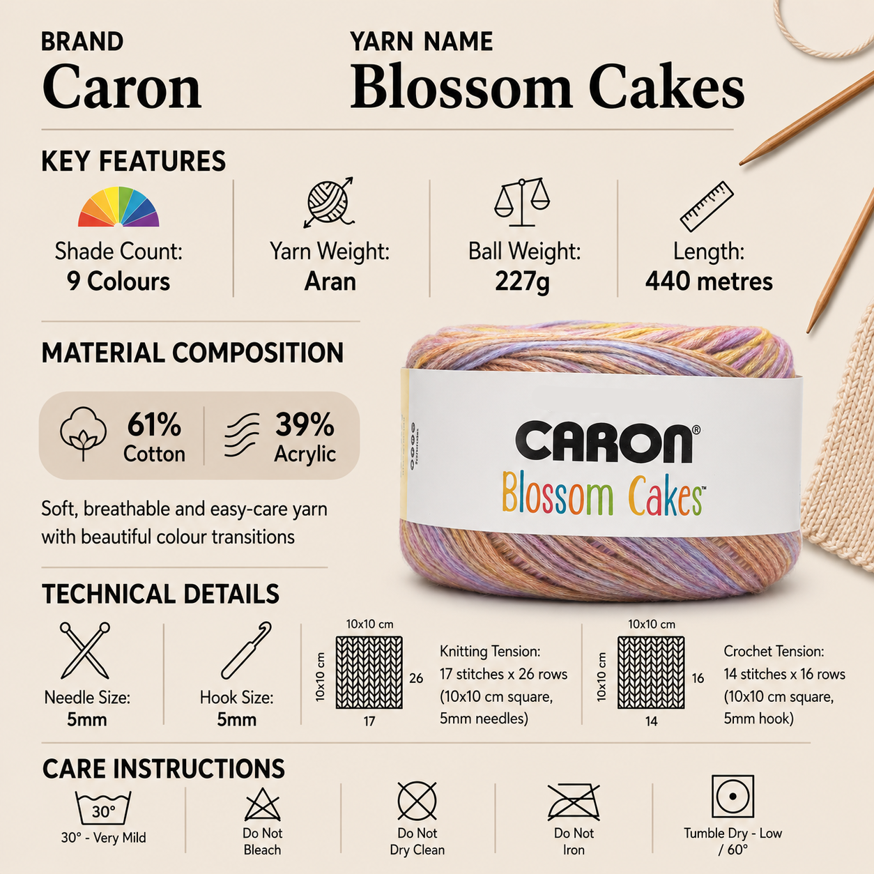 Caron Blossom Cakes Aran Yarn - 227g, Cotton Acrylic Blend Gradient Cake Yarn for Knitting & Crochet, Limited Edition Wool for Shawls, Wraps & Cardigans