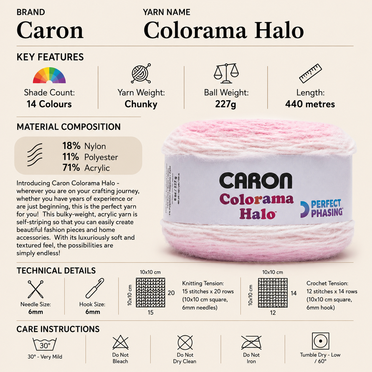 Caron Colorama Halo Chunky Cake Yarn - 227g, Acrylic Blend Self-Striping Gradient Crochet Knitting Yarn for Fashion & Home Accessories