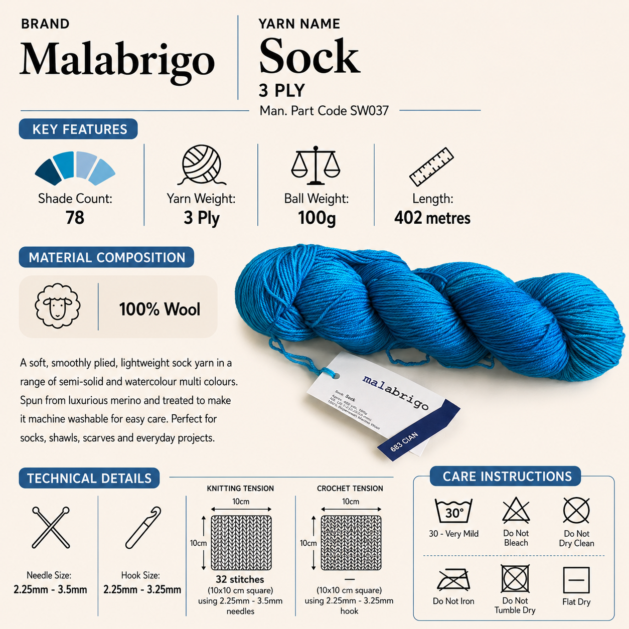 Malabrigo Sock 3 Ply Crochet Yarn - 100g, 100% Superwash Merino Wool Hand-Dyed Kettle Dyed Yarn for Knitting Yarn for Socks, Shawls, Scarves, Baby & Garments