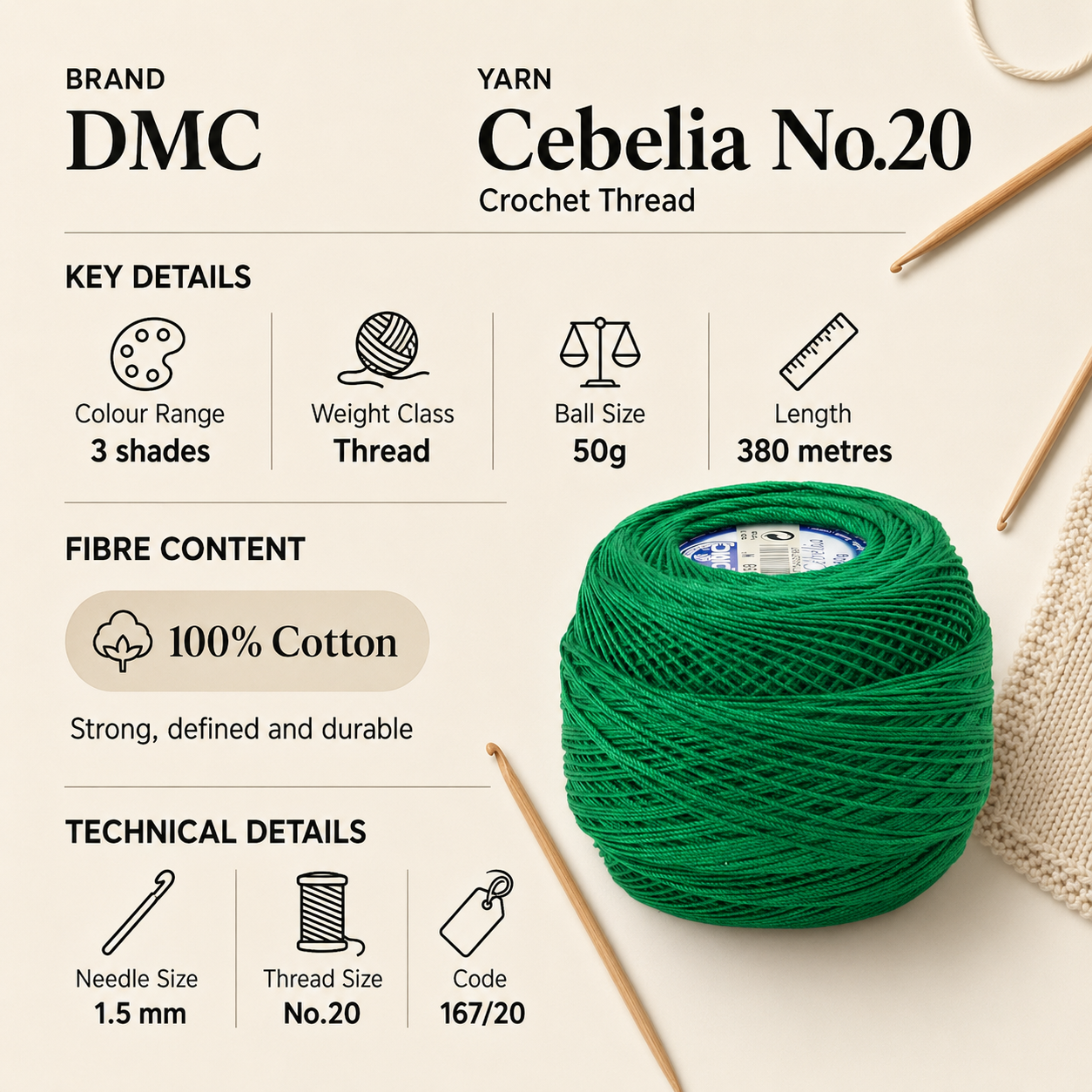 DMC Cebelia No.20 Crochet Cotton Thread Yarn - 50g, Three-cord, Double Mercerised 100% Cotton Fade Resistant Knitting Yarn for Decorative Lacework, Doilies & Crafting