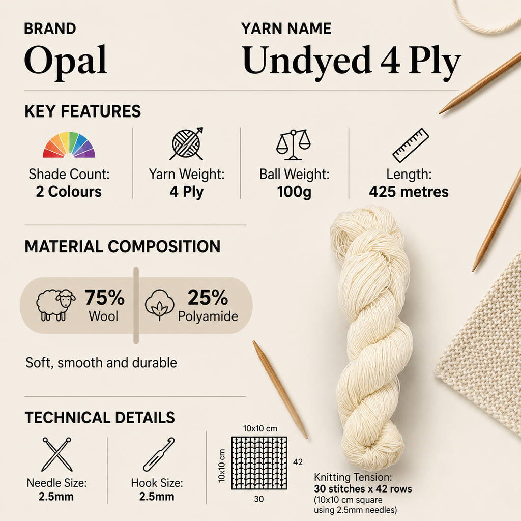 Opal Undyed 4 Ply Crochet Yarn - 100g, Wool & Polyamide Blend Lightweight Hand-Dyed Knitting Wool for Socks, Shawls & Accessories