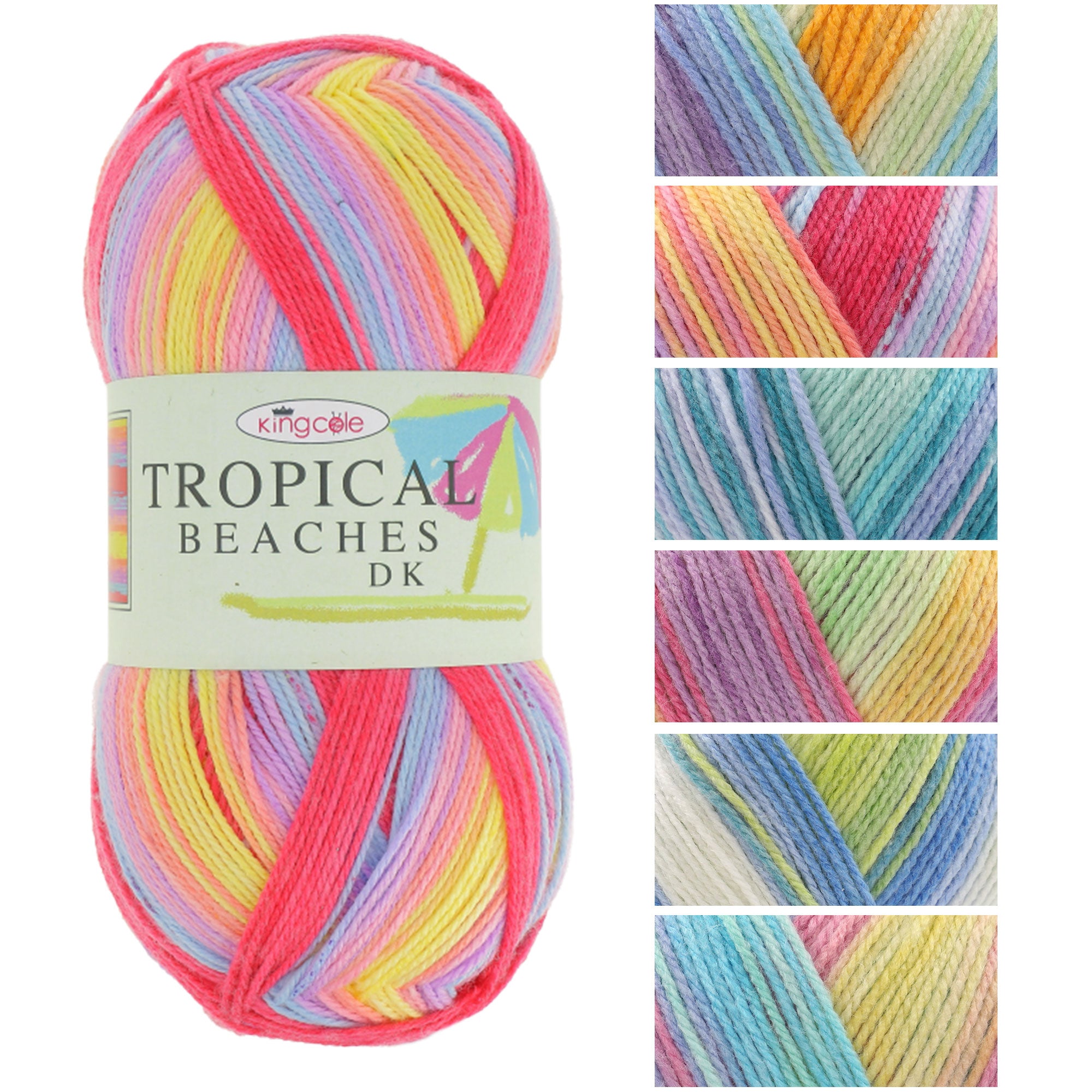 King Cole Tropical Beaches DK Yarn, Self?Striping Acrylic Blend Double Knitting & Crochet Wool, Bright Tropical Colours Wool Yarn - 200g Ball
