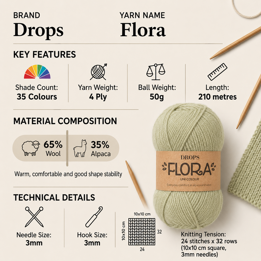 Drops Flora 4 Ply Crochet Yarn - 50g, Luxury Wool & Alpaca Blend Lightweight Rustic Knitting Wool for Blankets, Garments & Everyday Accessories