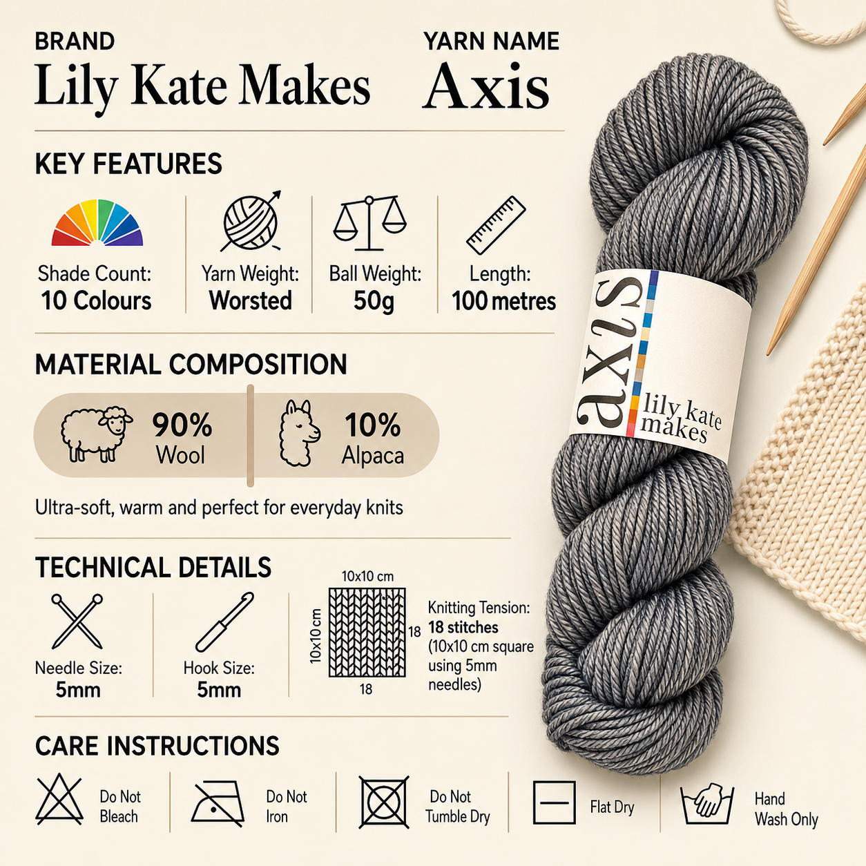 Lily Kate Makes Axis Worsted Crochet Yarn - 50g, Luxury Merino Wool & Suri Alpaca Blend High-End Knitting Wool for Sweaters, Cardigans, Shawls & Hats