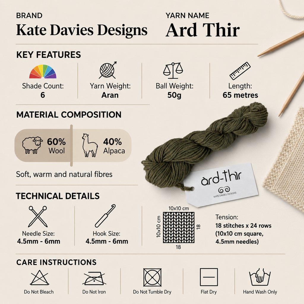 Kate Davies Designs Ard Thir Aran Crochet Yarn - 50g, Peruvian Highland Wool & Superfine Alpaca Blend Scottish Luxury Knitting Wool for Sweaters, Hats & Scarves