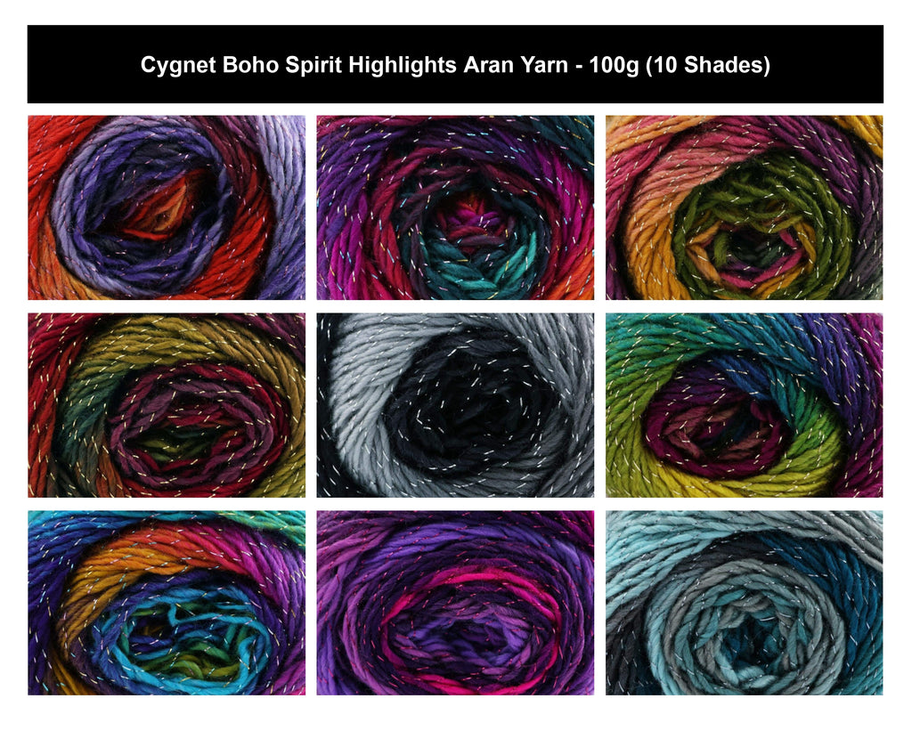 Cygnet Boho Spirit Highlights Aran Yarn - 100g, 100% Acrylic Self-Striping Metallic Knitting & Crochet Yarn for clothing & Accessories