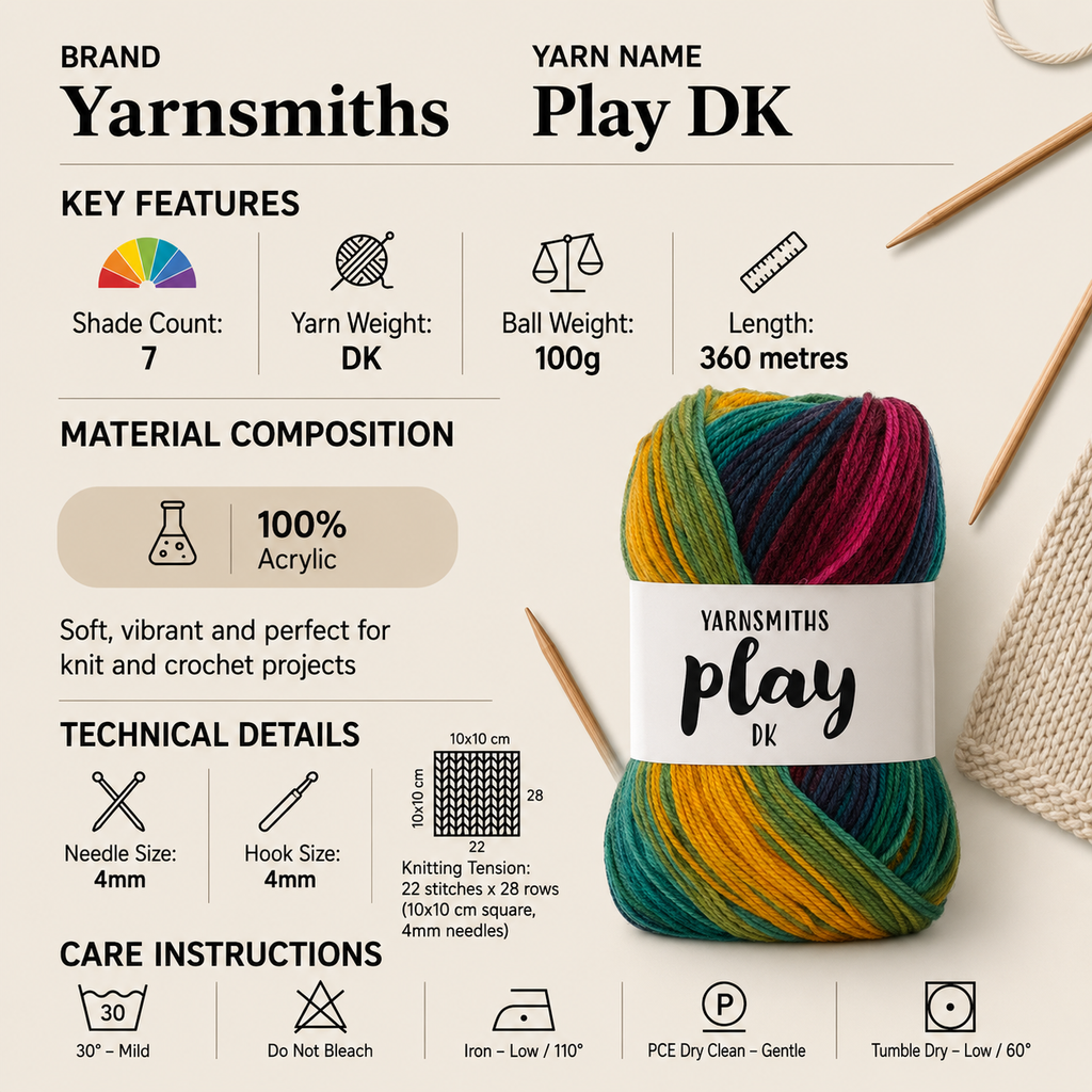 Yarnsmiths Play DK Yarn for Crochet & Knitting - 100g, Luxury 100% Acrylic Variegated Self-Striping Vibrant Soft Double Knit Wool for Cardigans & Home Accessories