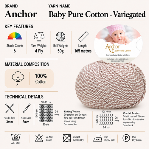 Anchor Baby Pure Cotton 4 Ply Crochet Yarn - 50g, 100% Natural Cotton Knitting Yarn - Soft, Hypoallergenic, Saliva-Resistant Yarn for Newborn Baby Garments & Accessories