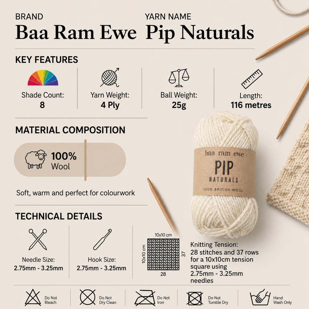 Baa Ram Ewe Pip Naturals 4 Ply Crochet Yarn - 25g, 100% British Wool Colourwork Undyed Knitting Wool Yarn for Fair Isle Garments Hats, Toys & Mittens