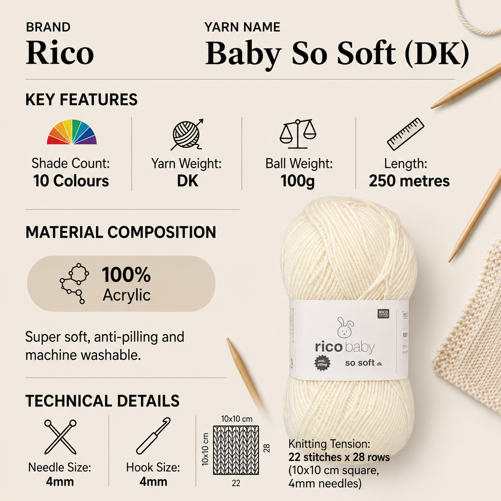 Rico Baby So Soft DK Yarn for Crochet - 100G, Luxury 100% Acrylic Anti-Pilling Soft Double Knitting Wool for Cozy Baby Garments And Blankets