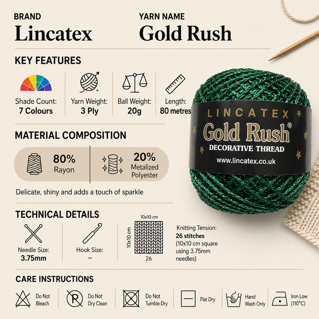 Lincatex Gold Rush Crochet Yarn - 20g, Metalized Polyester & Rayon Blend Chainette Metallic Sparkly Knitting Wool for Decorations, Garments & Accessories