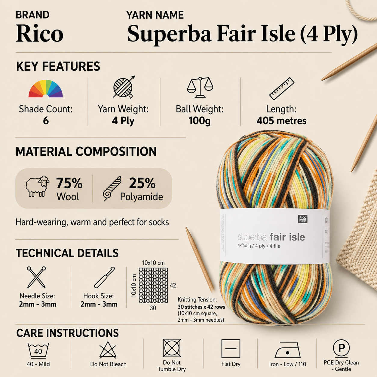 Rico Superba Fair Isle 4 Ply Yarn - 100G, Luxury Polyamide Wool Blend Hard Wearing Self Patterning Crochet & Knitting Sock Yarn for Shawls, Socks & Gloves