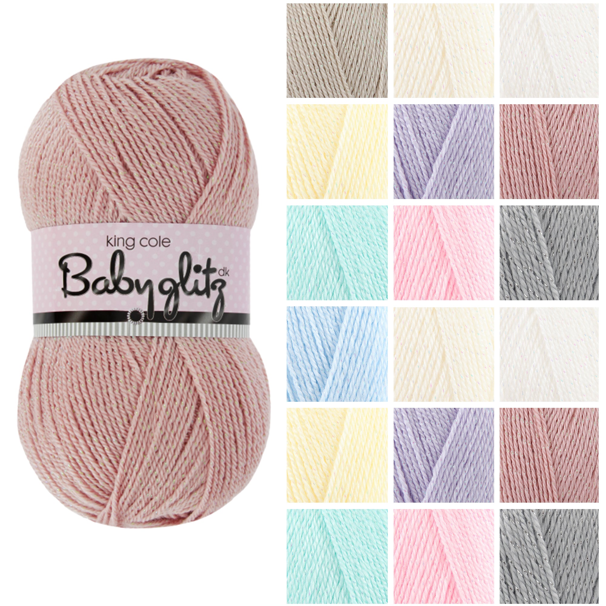 King Cole Baby Glitz DK Yarn 97% Acrylic 3% Polyester, Sparkly Double Knit Knitting & Crochet Yarn, 290m Pastel Shades - 100g