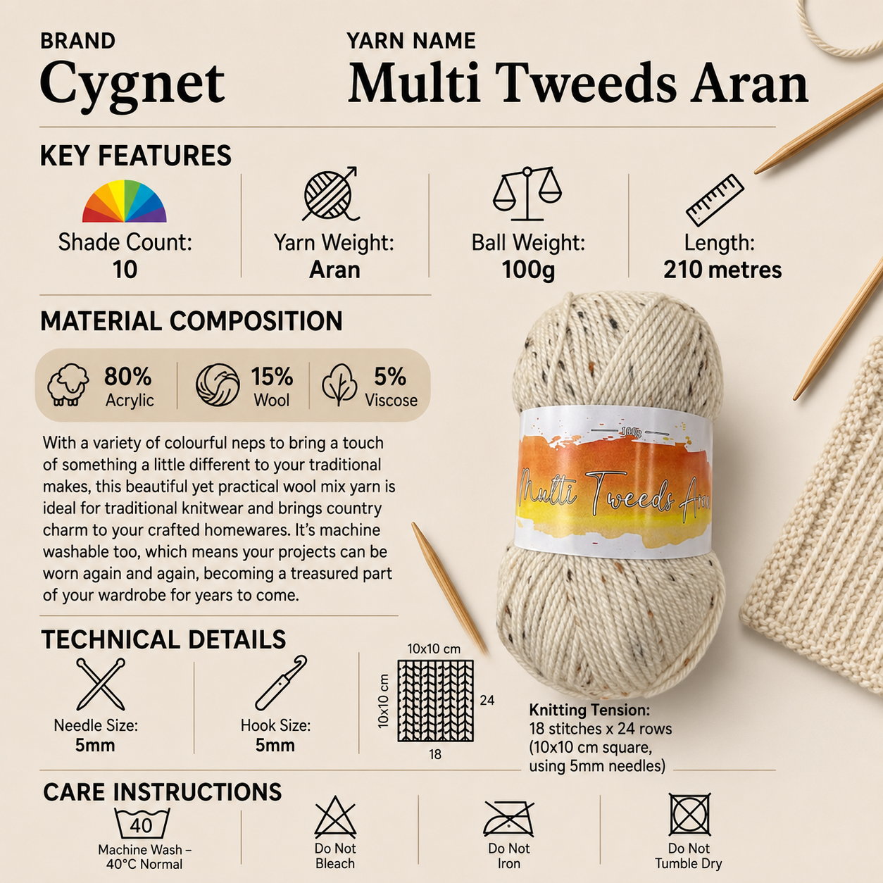 Cygnet Multi Tweeds Aran Yarn - 100g, Wool Acrylic Blend Knitting & Crochet Yarn for Garments, Accessories & Homeware Projects
