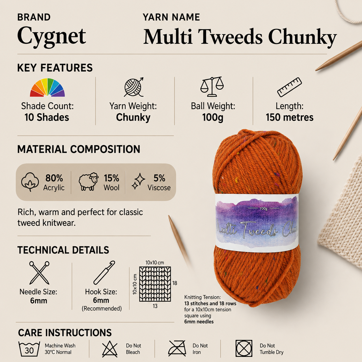 Cygnet Multi Tweeds Chunky Yarn - 100g, Acrylic Wool Blend Knitting & Crochet Yarn for Autumn & Winter Tweed Knitwear
