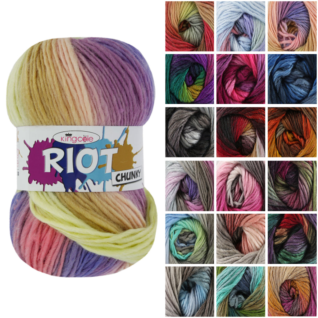 King Cole Riot Chunky Yarn 30% Wool 70% Acrylic 134m – Multicolour Chunky Knit & Crochet Yarn for Scarves, Jumpers & Hats - 100g