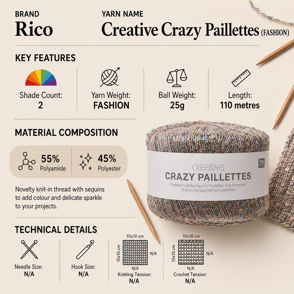 Rico Creative Crazy Paillettes Fashion Yarn - 25G, Luxury Polyamide Polyester Blend Novelty Sparkling Sequin Thread Knitting & Crochet Yarn for Sweaters & Decor