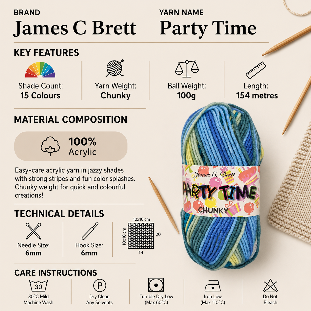James C Brett Party Time Chunky Yarn - 100g, 100% Acrylic Self-Striping Crochet Knitting Wool for Sweaters, Cardigans, Blankets & Hats