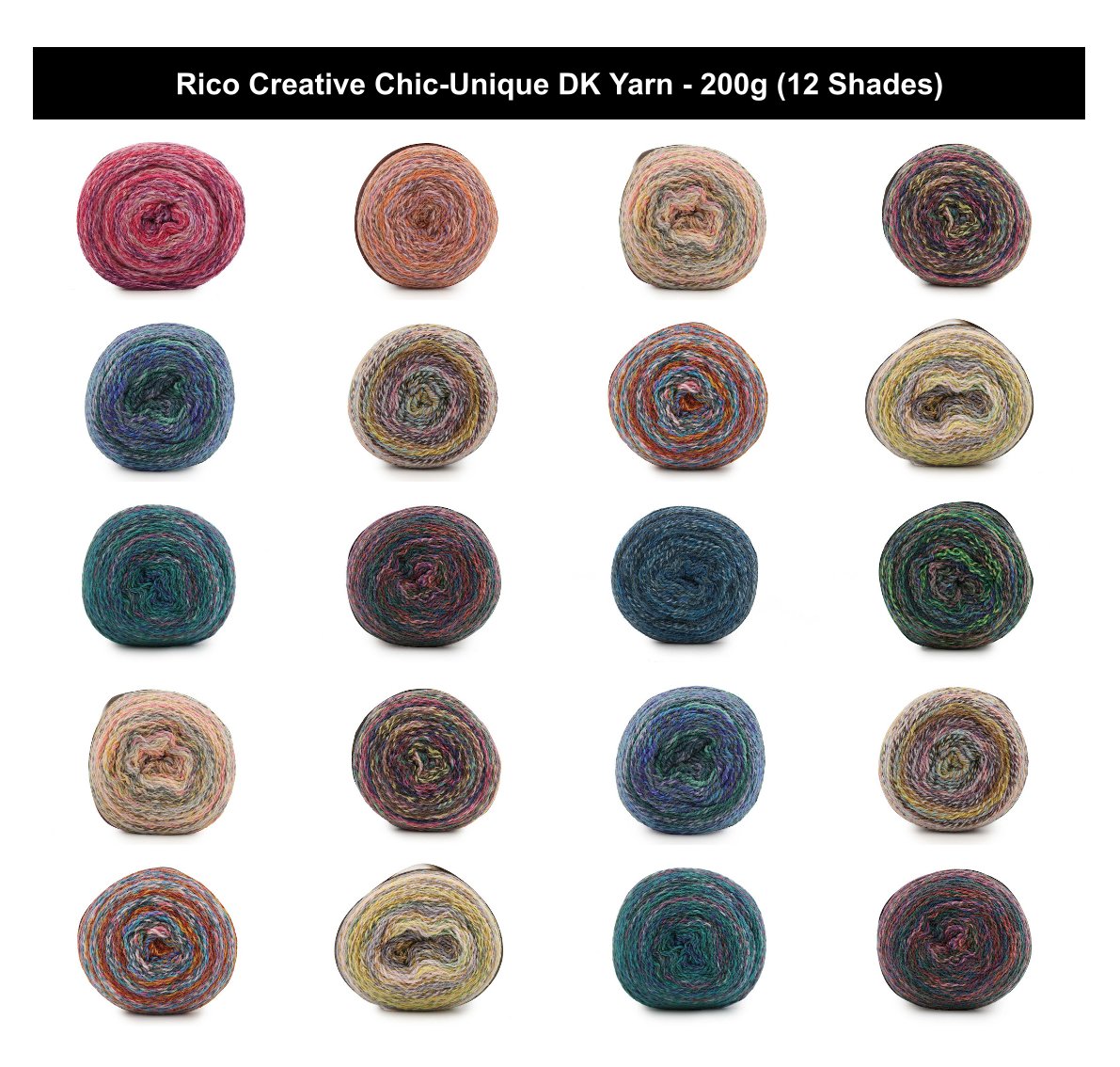 Rico Creative Chic-Unique DK Cake Yarn - 200G, Luxury Acrylic Wool Blend Self-Striping Gradient Double Knitting Crochet Yarn for Cardigans, Garments & Headwear