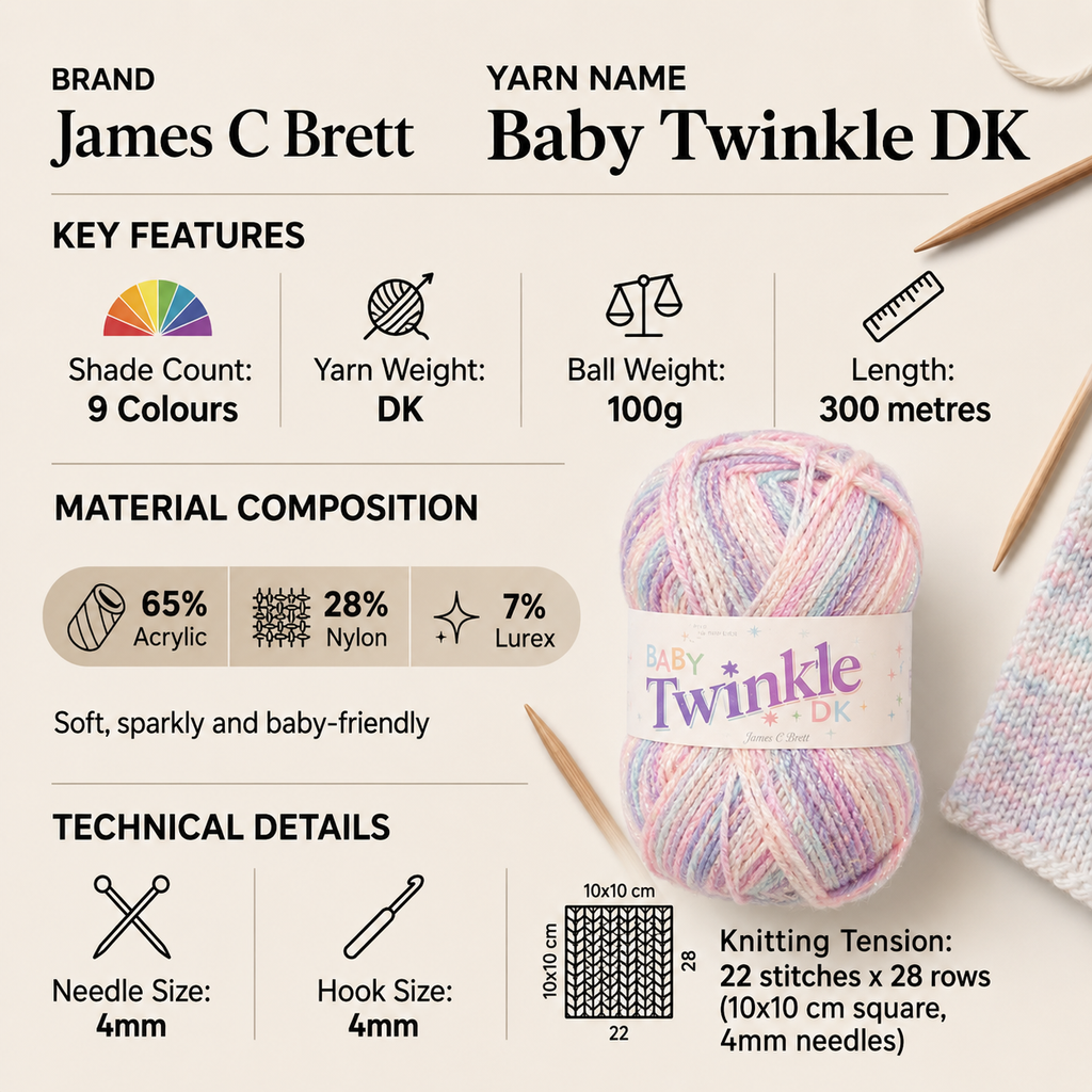 James C Brett Baby Twinkle DK Yarn - 100g, Glittery Acrylic, Nylon & Lurex Blend Crochet Double Knitting Baby Yarn for Garments, Blankets & Accessories