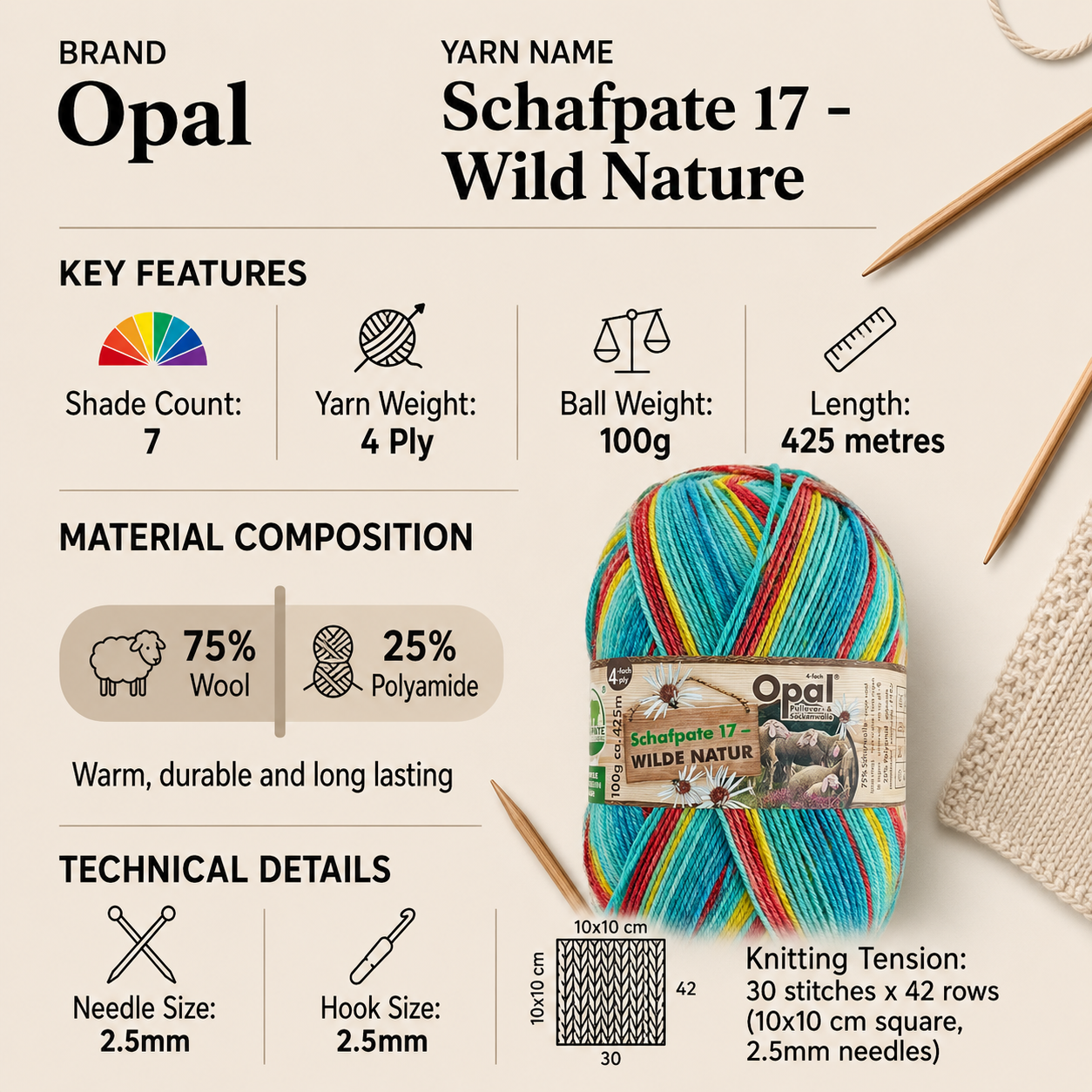 Opal Schafpate 17 Wild Nature Yarn - 100g, Wool Blend 4 Ply Self-Striping Crochet Knitting Sock Yarn for Hats, Scarves, Gloves & Baby Garments