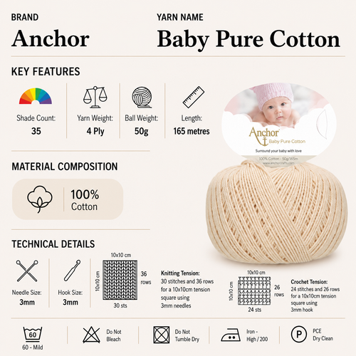 Anchor Baby Pure Cotton 4 Ply Yarn - 50g, 100% Natural Cotton Knitting & Crochet Yarn, Hypoallergenic Resistant, Soft Baby Yarn for Newborn Garments & Accessories