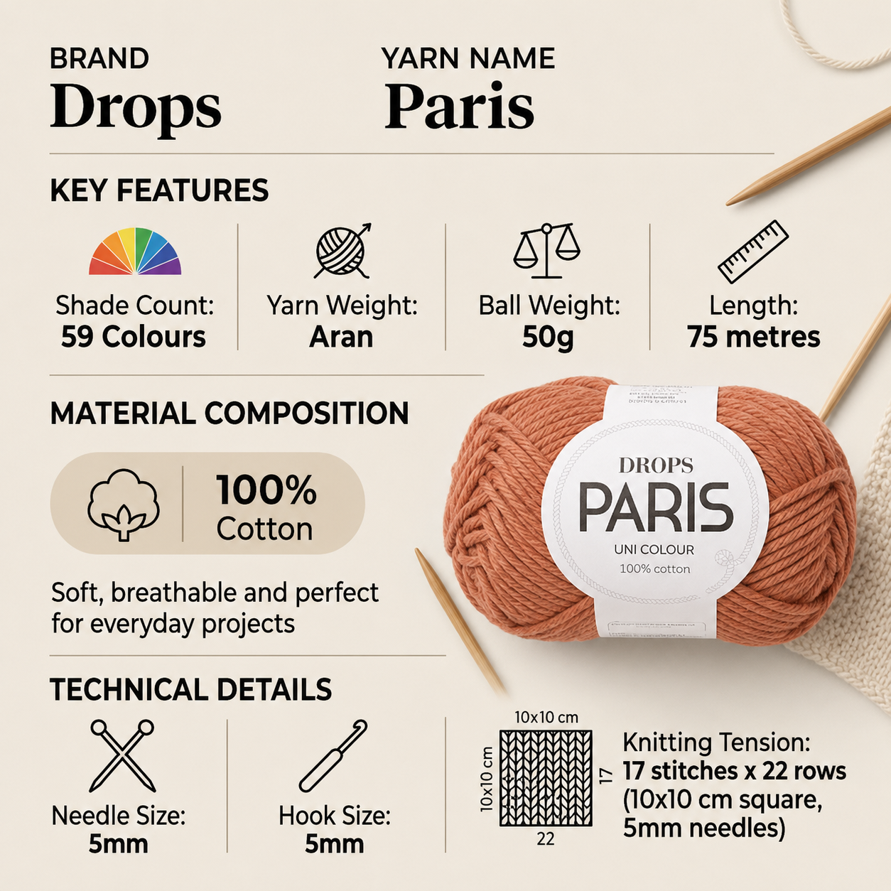 Drops Paris Aran Yarn for Crochet - 50g, 100% Cotton Highly Absorbent Summer Soft Knitting Wool for Sensitive Skin Garments, Towels & Home Accessories