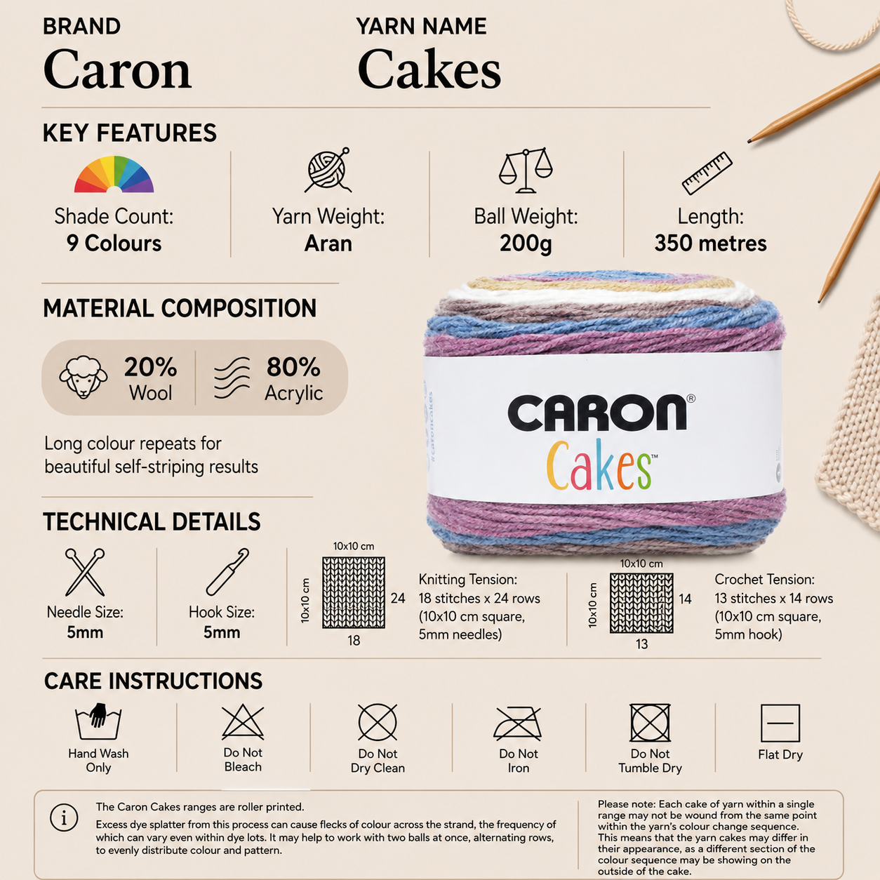 Caron Cakes Aran Crochet Yarn - 200g, Wool Acrylic Blend Gradient Self-Striping Cake Yarn for Knitting & Crochet Wool Yarn for Blankets, Throws & Afghans