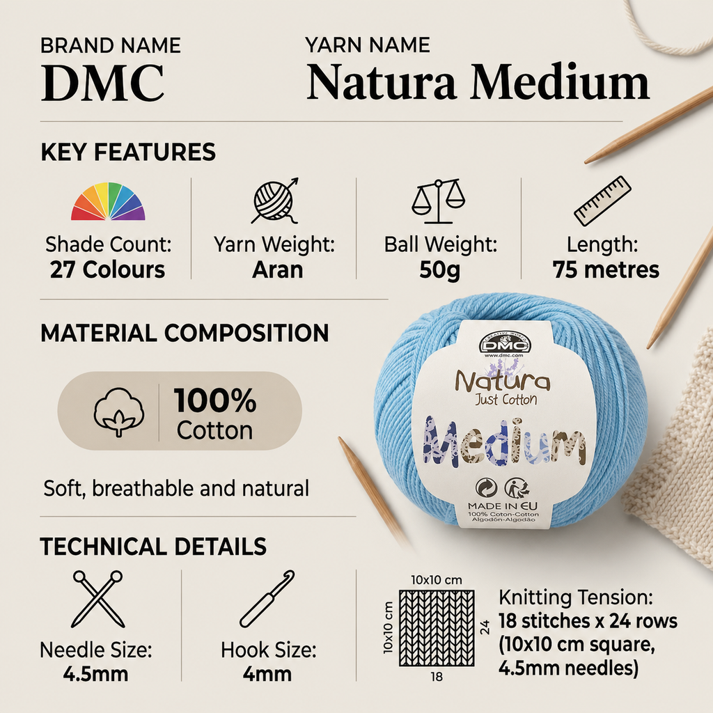 DMC Natura Medium Aran Yarn for Crochet - 50g, 100% Cotton Knitting Yarn, Soft Brushed Matte Finish Yarn for Garments, Blankets, Cushions & Accessories