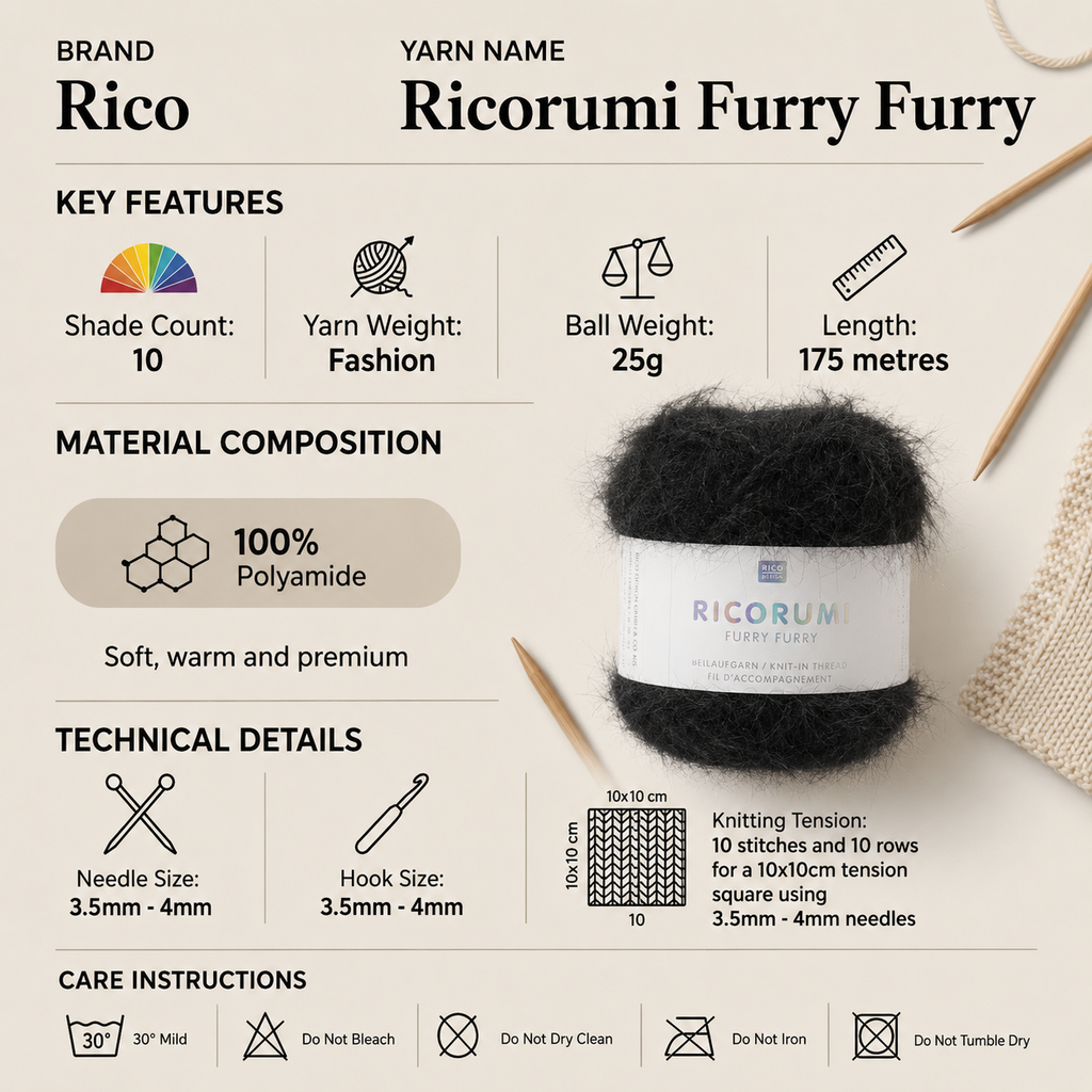 Rico Ricorumi Furry Furry Fashion Yarn - 25G, Luxury 100% Polyamide Velvety Texture Fluffy Crochet Knitting Yarn for Plush Amigurumi, Animal Accents & Toys