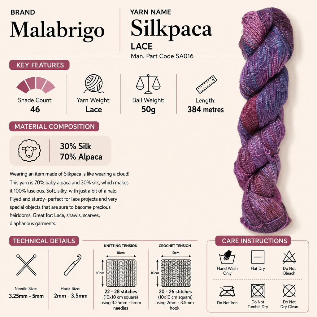 Malabrigo Silkpaca Lace Crochet Yarn - 50g, Luxury Silk Baby Alpaca Blend, Lace Weight Hand Kettle Dyed Knitting Yarn for Shawls, Scarves & Lace Projects