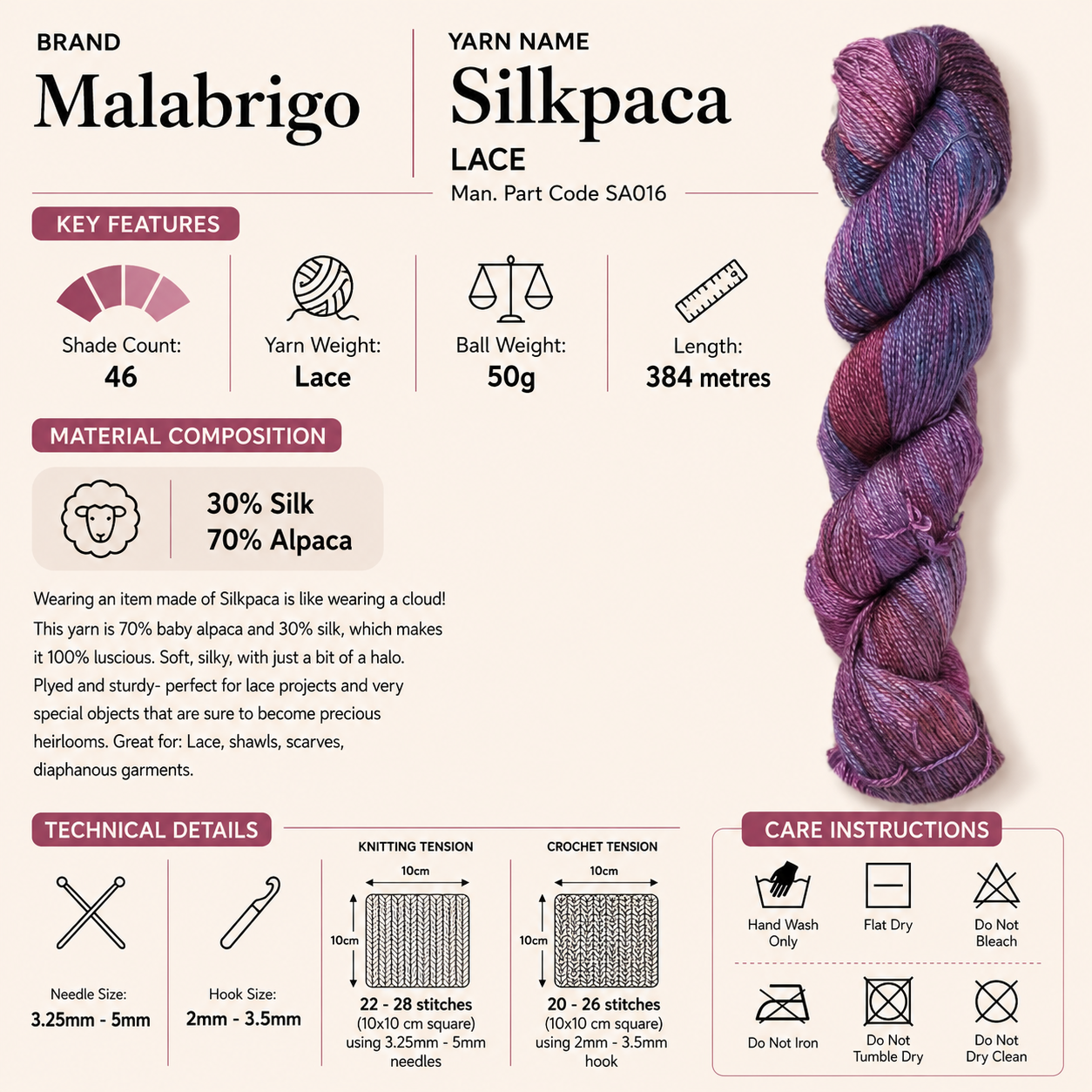Malabrigo Silkpaca Lace Crochet Yarn - 50g, Luxury Silk Baby Alpaca Blend, Lace Weight Hand Kettle Dyed Knitting Yarn for Shawls, Scarves & Lace Projects